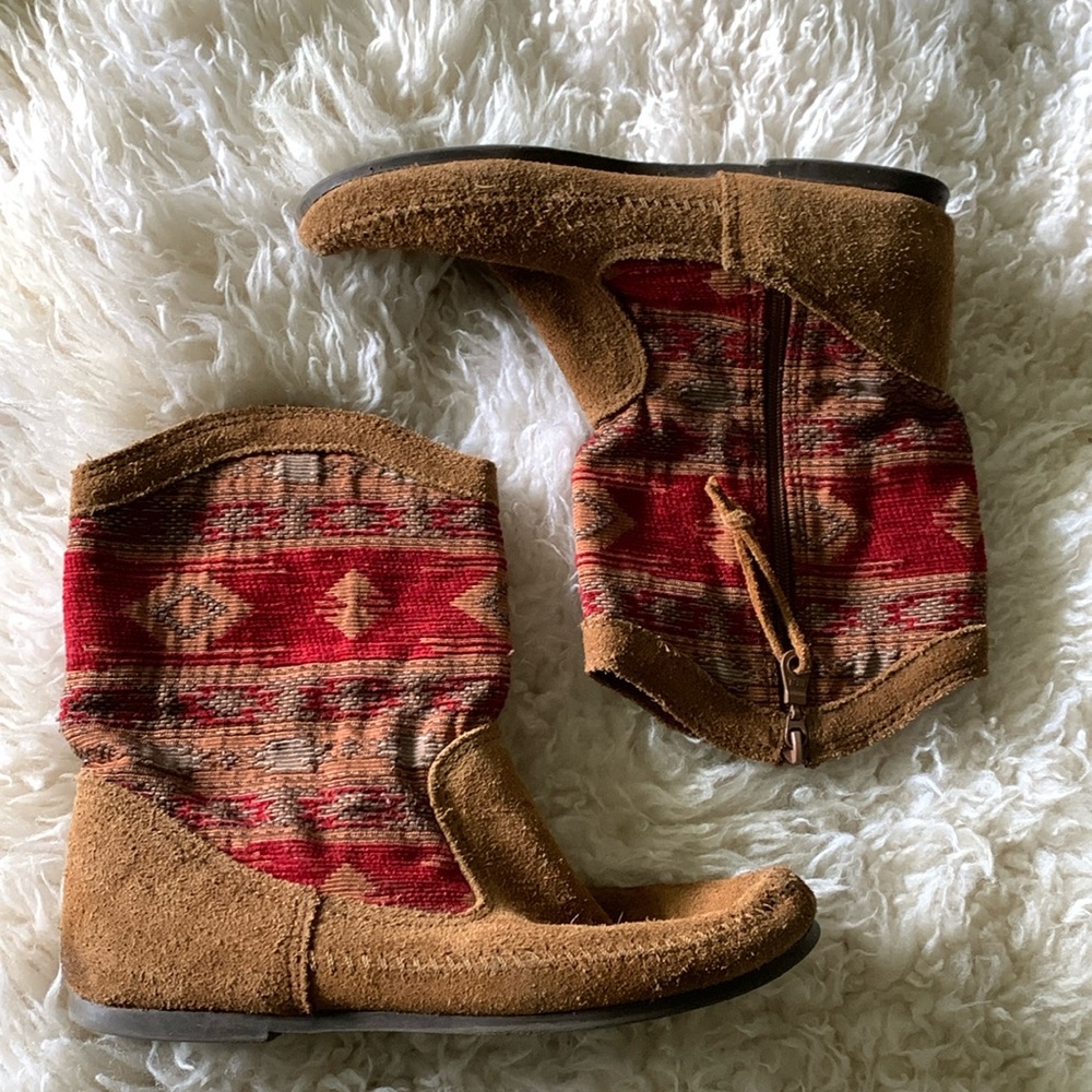 Minnetonka Red and Tan Woven Suede Moccasin Boots with Side Zip
